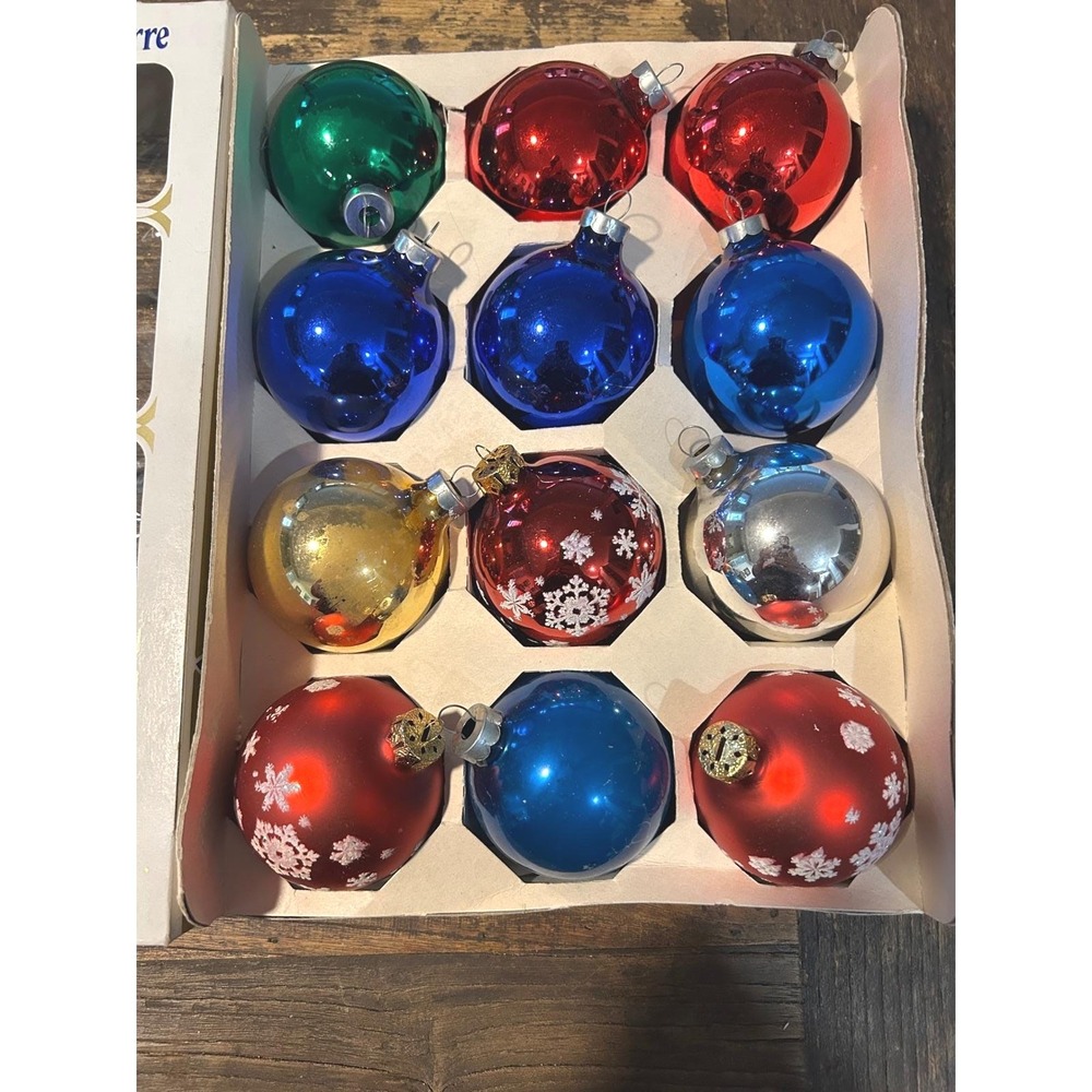 Vintage Alderbrook Glass Christmas Ornaments Set 12 2.5" MCM Snowflake Boxed - Picture 2 of 10